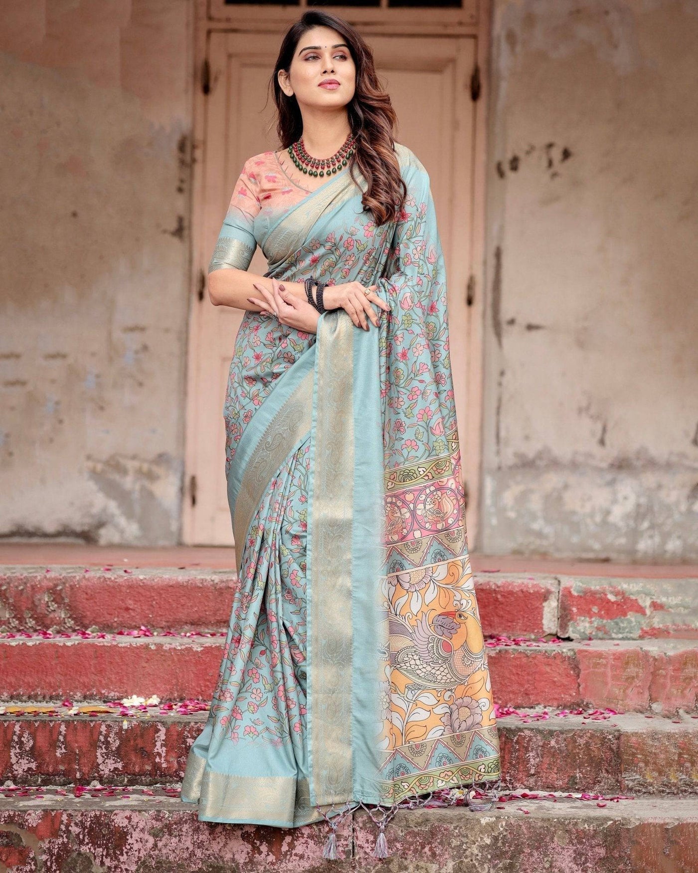 Pure Silk Digitally Printed Saree Weaved With Golden Zari Comes With Tassels