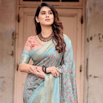 Sky Blue Tussar Silk Saree with Intricate Zari Border and Artistic Pallu Design