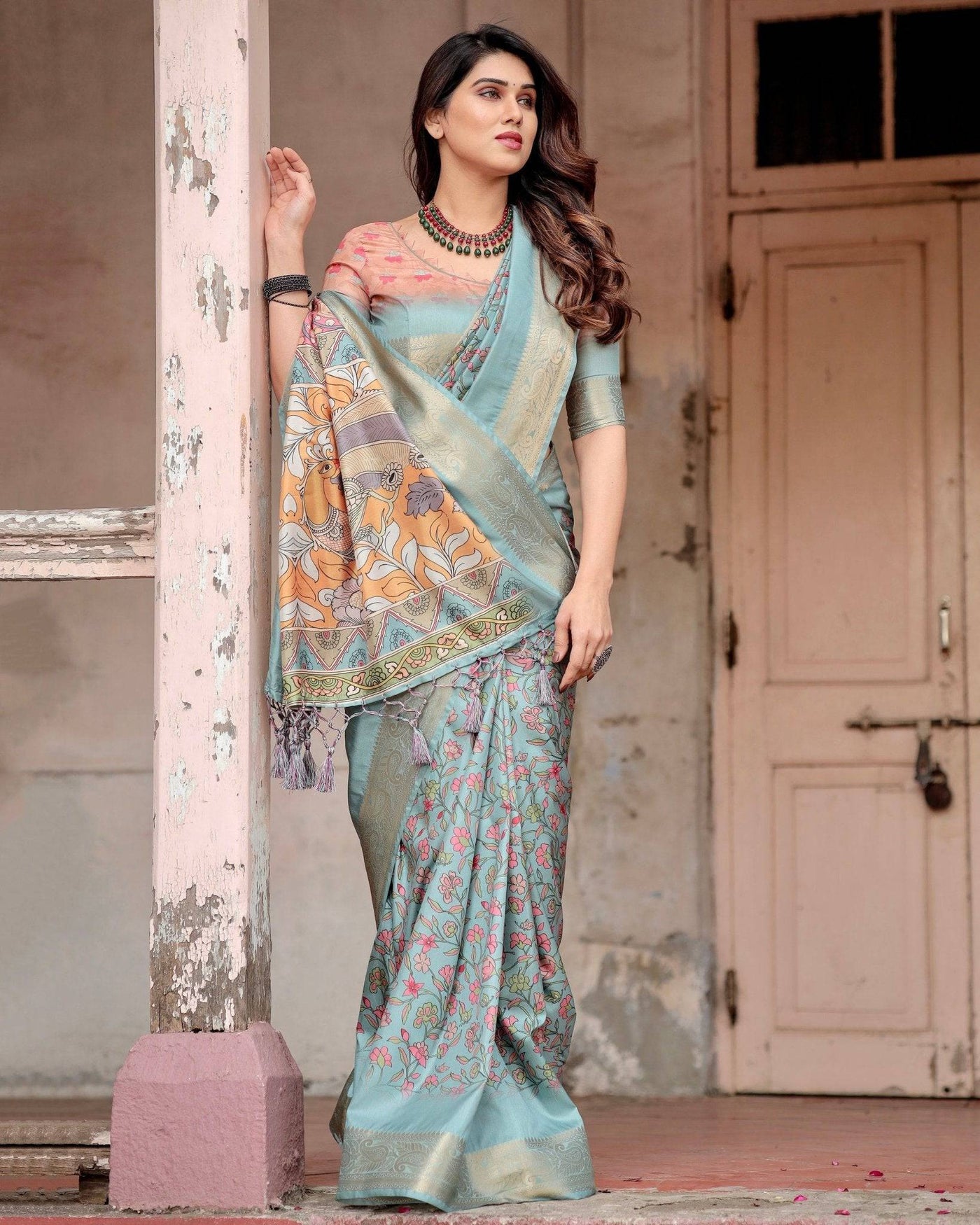 Pure Silk Digitally Printed Saree Weaved With Golden Zari Comes With Tassels