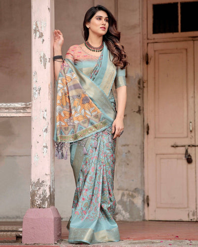 Sky Blue Banarasi Silk Saree with Intricate Zari Border and Artistic Pallu Design