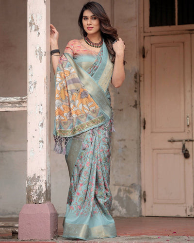 Sky Blue Banarasi Silk Saree with Intricate Zari Border and Artistic Pallu Design