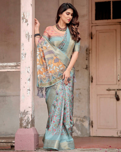 Pure Silk Digitally Printed Saree Weaved With Golden Zari Comes With Tassels