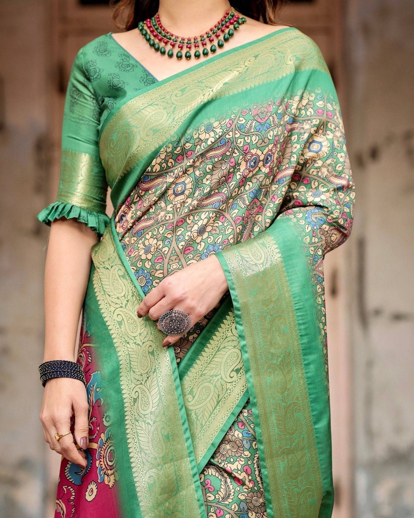 Pure Silk Digitally Printed Saree Weaved With Golden Zari Comes With Tassels