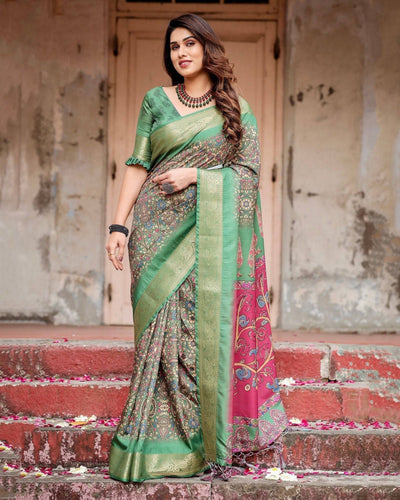 Pure Silk Digitally Printed Saree Weaved With Golden Zari Comes With Tassels