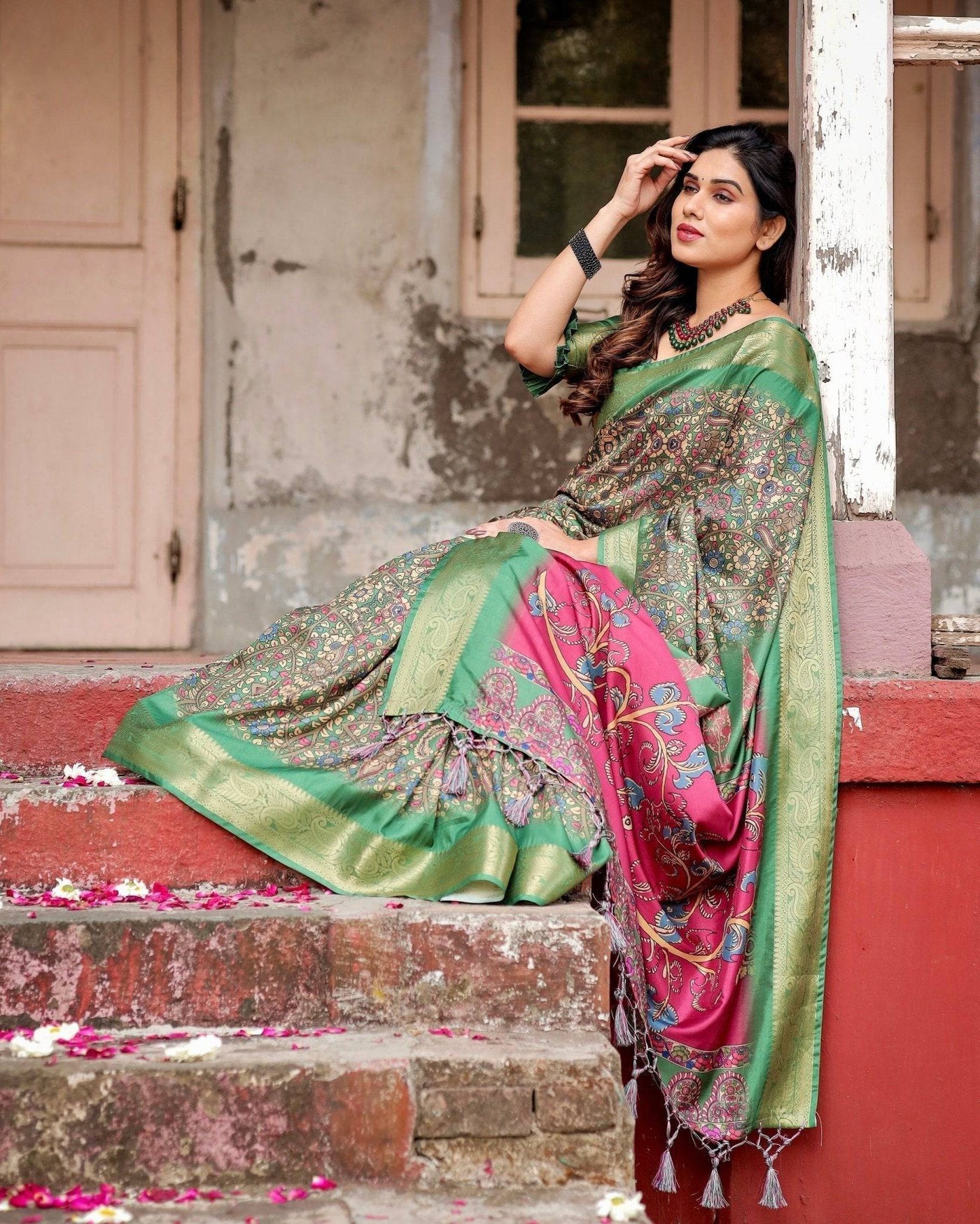 Pure Silk Digitally Printed Saree Weaved With Golden Zari Comes With Tassels