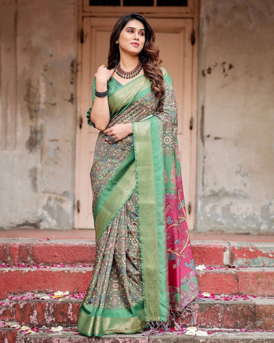 Emerald Green & Magenta Banarasi Silk Saree with Zari Weave and Tassel Finish