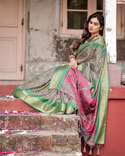 Pure Silk Digitally Printed Saree Weaved With Golden Zari Comes With Tassels