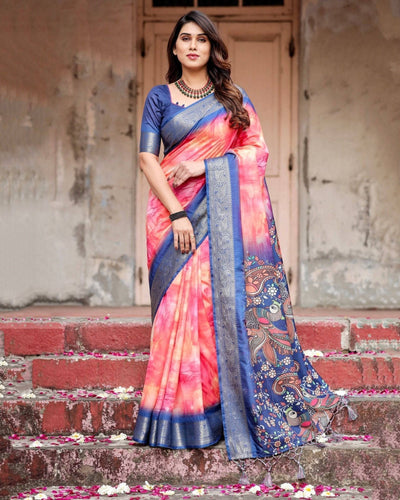 Pink and Blue Digital Printed Saree with Peacock Motif and Tassel Detail