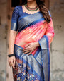 Pink and Blue Digital Printed Saree with Peacock Motif and Tassel Detail