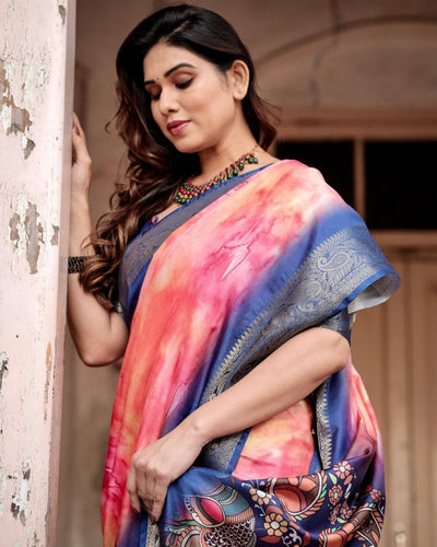 Pure Silk Digitally Printed Saree Weaved With Golden Zari Comes With Tassels