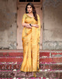 Golden Yellow Digital Printed Saree with Abstract Patterns and Tassel Detailing