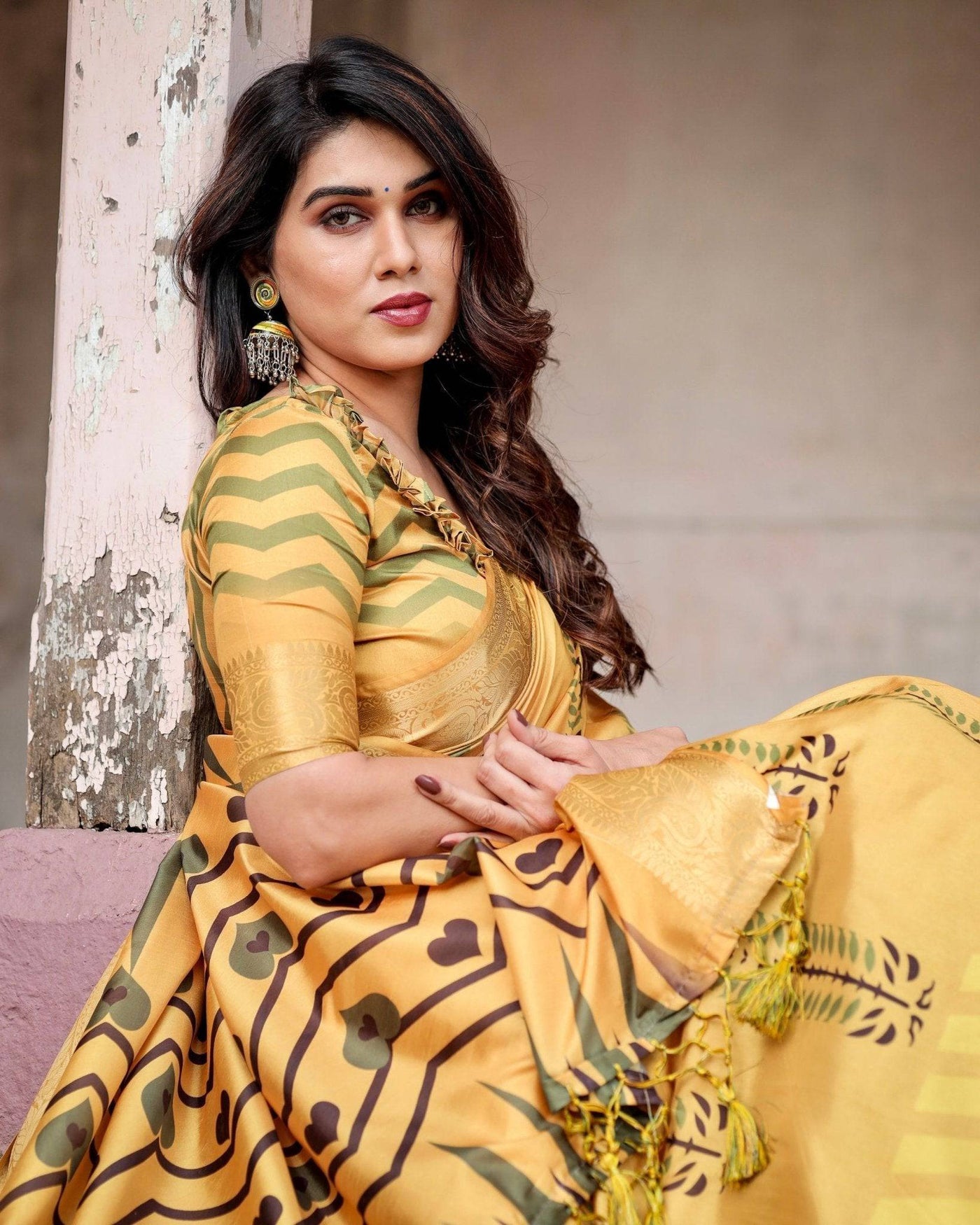 Golden Yellow Digital Printed Saree with Abstract Patterns and Tassel Detailing