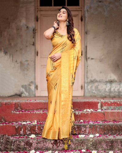 Pure Silk Digitally Printed Saree Weaved With Golden Zari Comes With Tassels