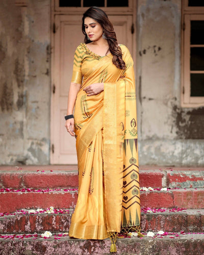 Golden Yellow Digital Printed Saree with Abstract Patterns and Tassel Detailing