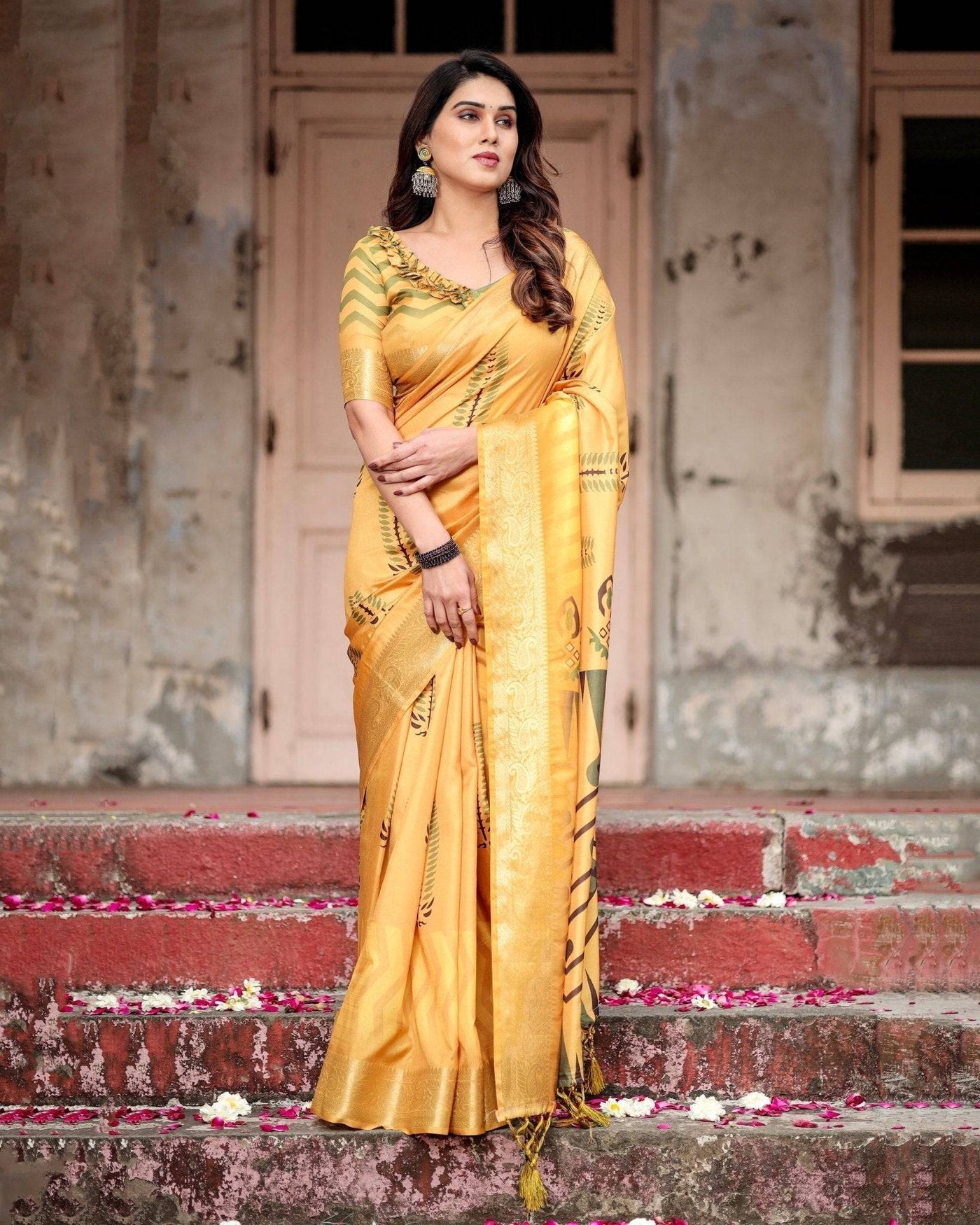 Pure Silk Digitally Printed Saree Weaved With Golden Zari Comes With Tassels