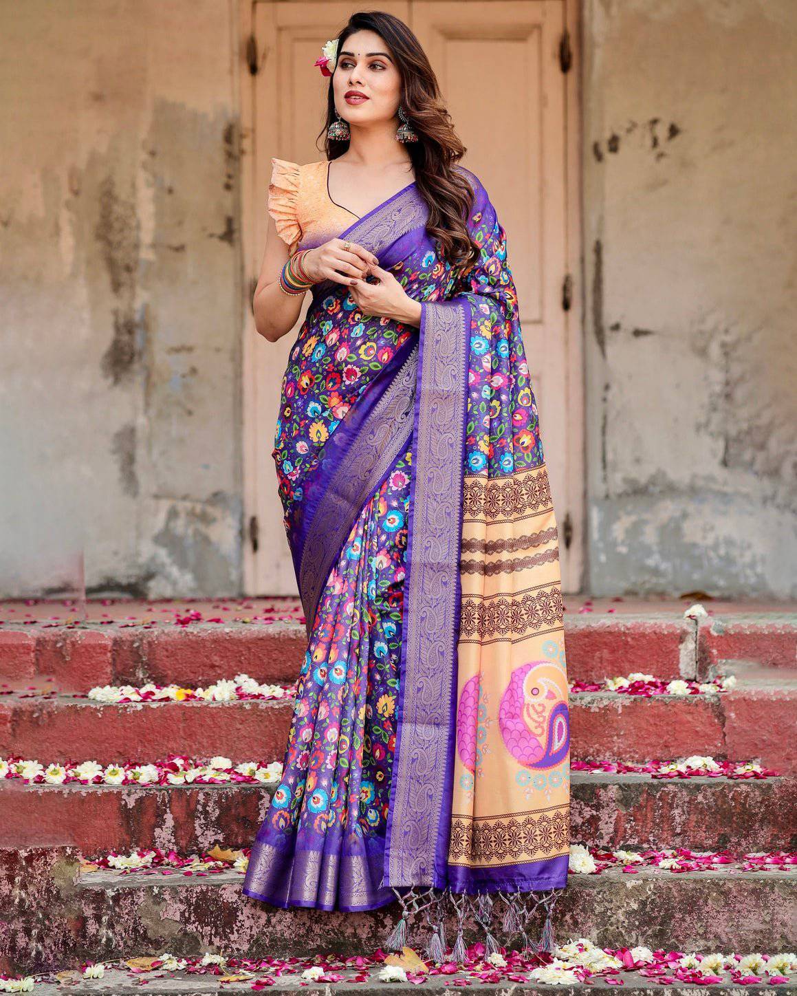 Pure Silk Digitally Printed Saree Weaved With Golden Zari Comes With Tassels