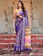 Royal Purple Banarasi Silk Saree with Vibrant Floral Print and Peacock Motif Pallu