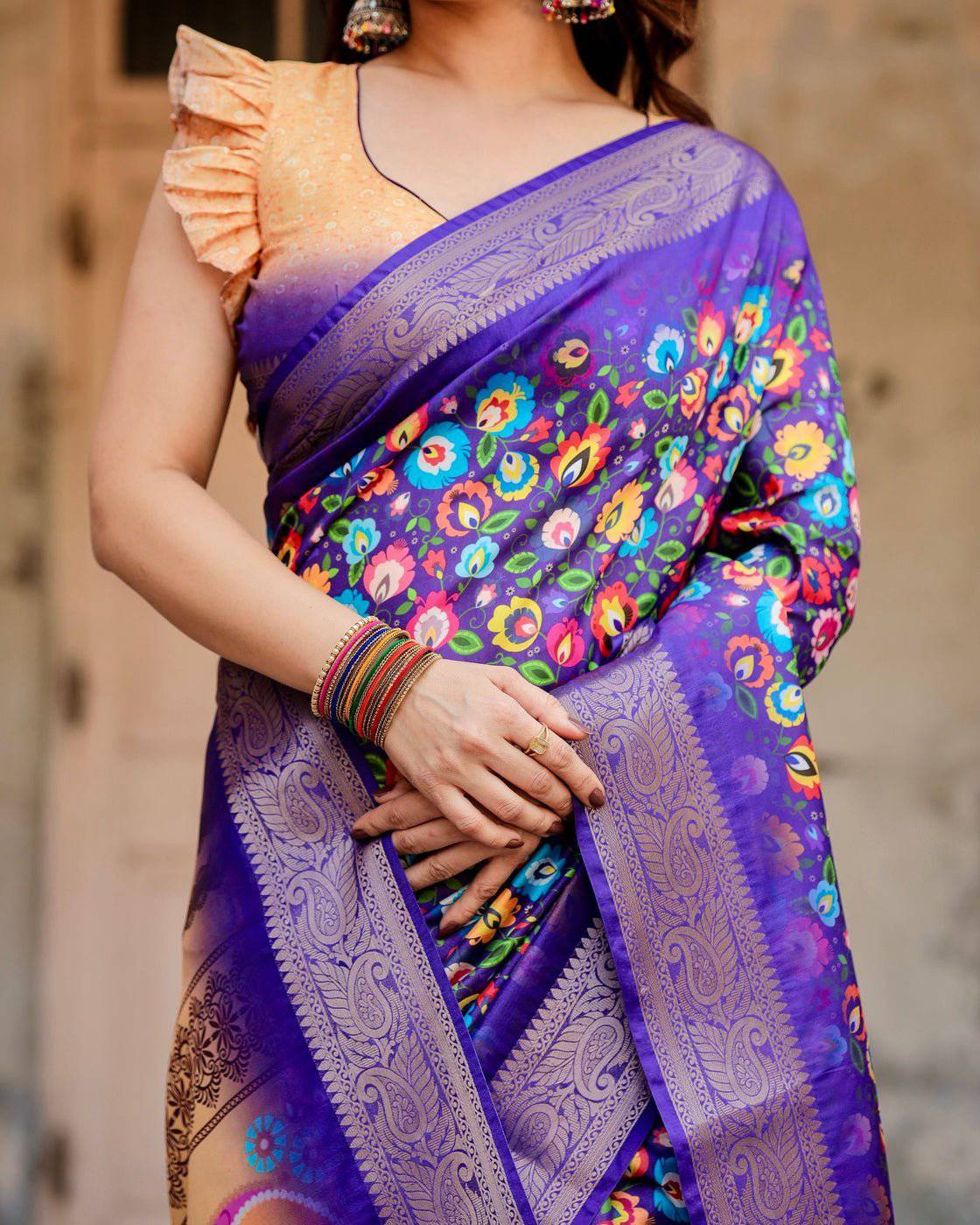 Pure Silk Digitally Printed Saree Weaved With Golden Zari Comes With Tassels