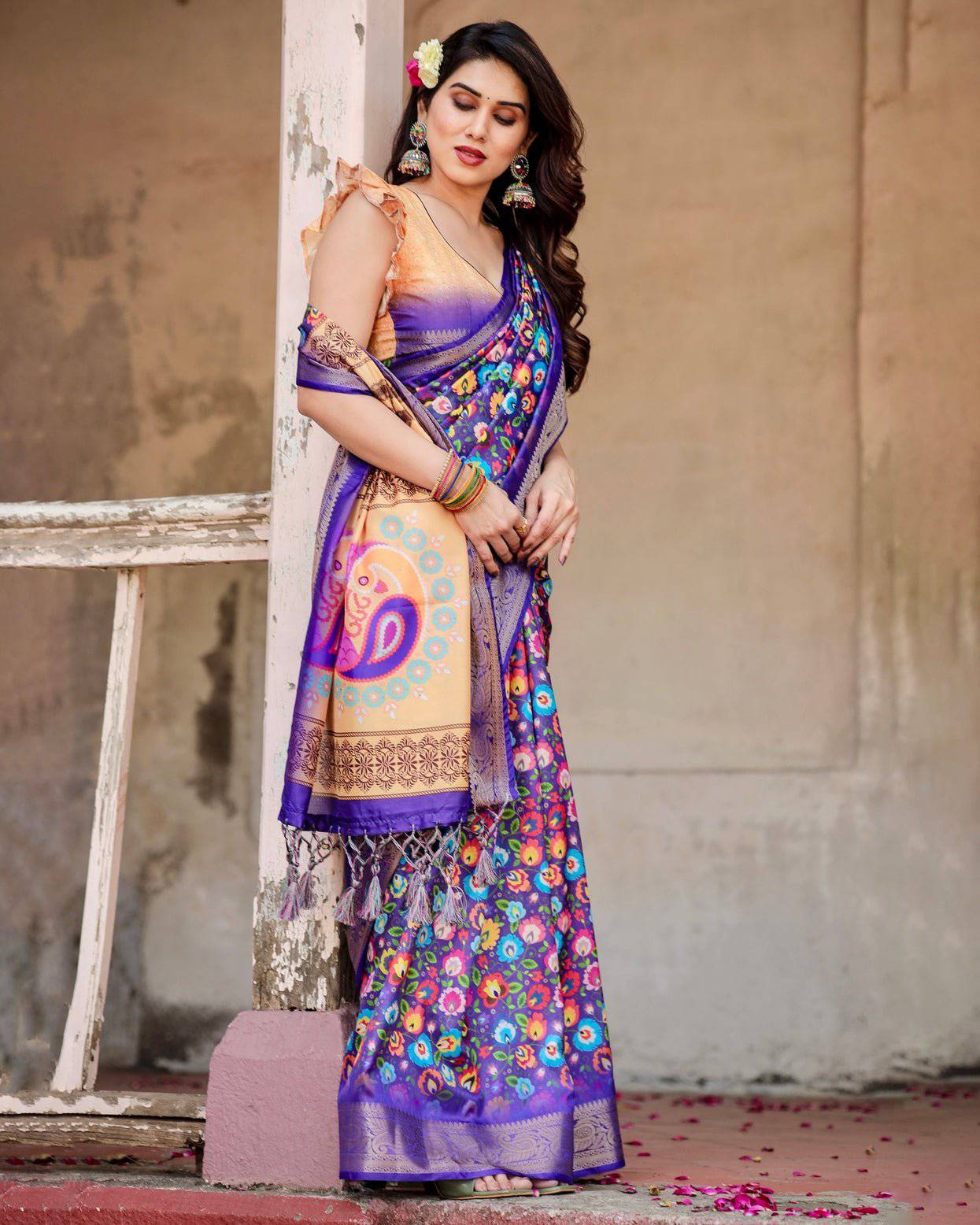 Royal Purple Tussar Silk Saree with Vibrant Floral Print and Peacock Motif Pallu