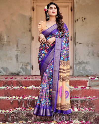 Royal Purple Tussar Silk Saree with Vibrant Floral Print and Peacock Motif Pallu