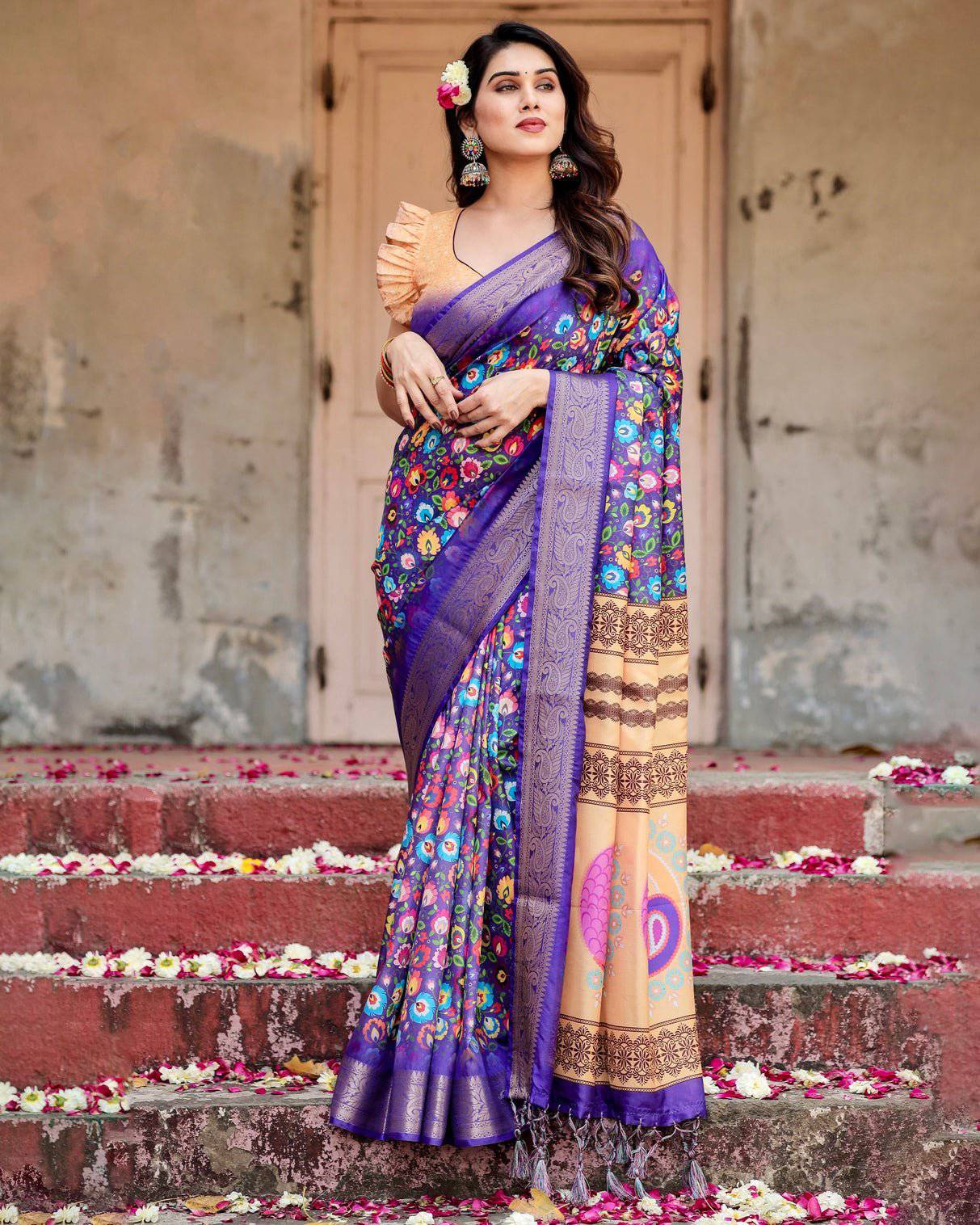 Royal Purple Tussar Silk Saree with Vibrant Floral Print and Peacock Motif Pallu