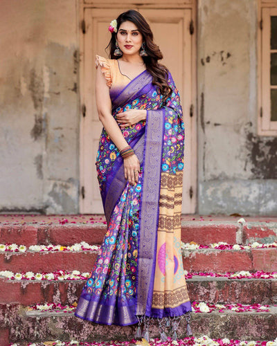 Pure Silk Digitally Printed Saree Weaved With Golden Zari Comes With Tassels