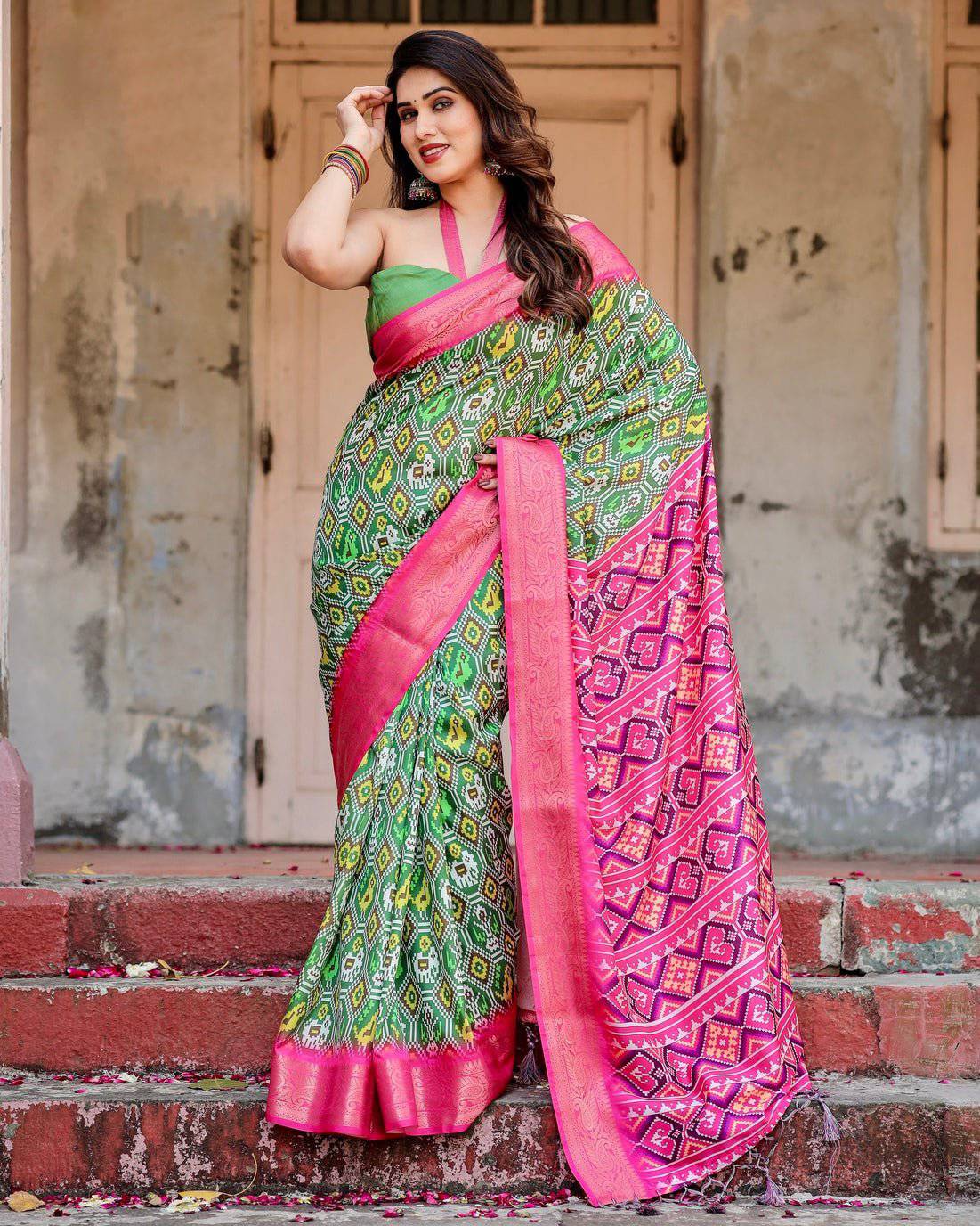 Pure Silk Digitally Printed Saree Weaved With Golden Zari Comes With Tassels