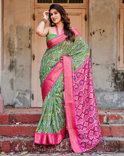 Pure Silk Digitally Printed Saree Weaved With Golden Zari Comes With Tassels