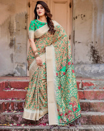 Emerald Green and Gold Banarasi Silk Saree with Floral and Ornamental Motifs