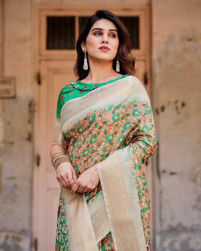 Emerald Green and Gold Banarasi Silk Saree with Floral and Ornamental Motifs