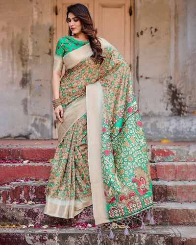 Emerald Green and Gold Banarasi Silk Saree with Floral and Ornamental Motifs