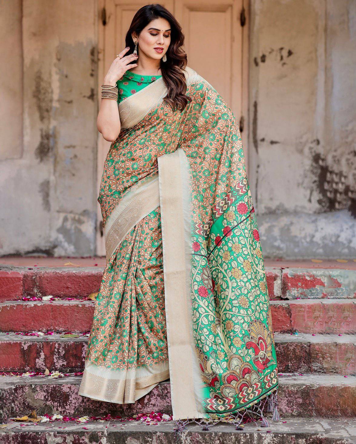 Emerald Green and Gold Banarasi Silk Saree with Floral and Ornamental Motifs