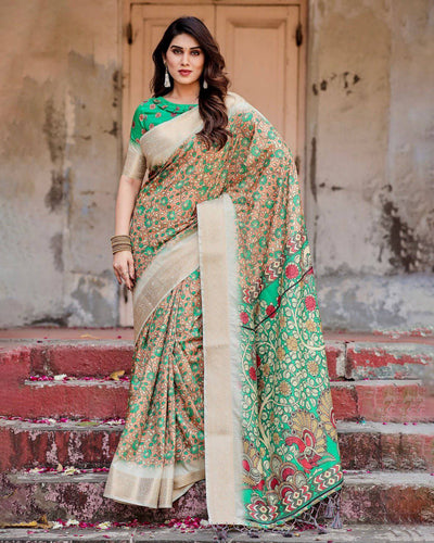 Emerald Green and Gold Banarasi Silk Saree with Floral and Ornamental Motifs