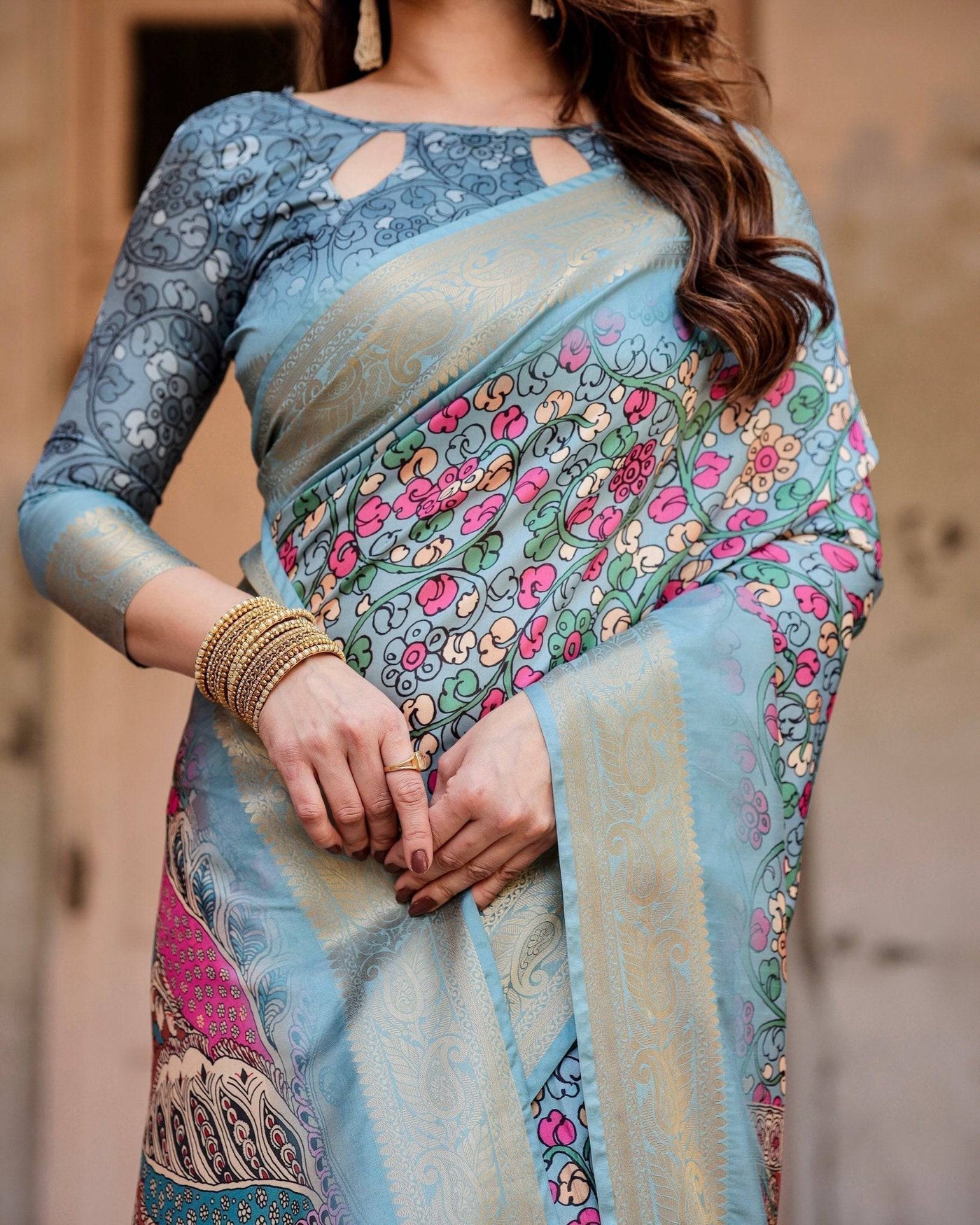 Pure Silk Digitally Printed Saree Weaved With Golden Zari Comes With Tassels