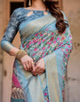 Sky Blue Banarasi Silk Saree with Floral Weaves and Ornamental Pallu Design