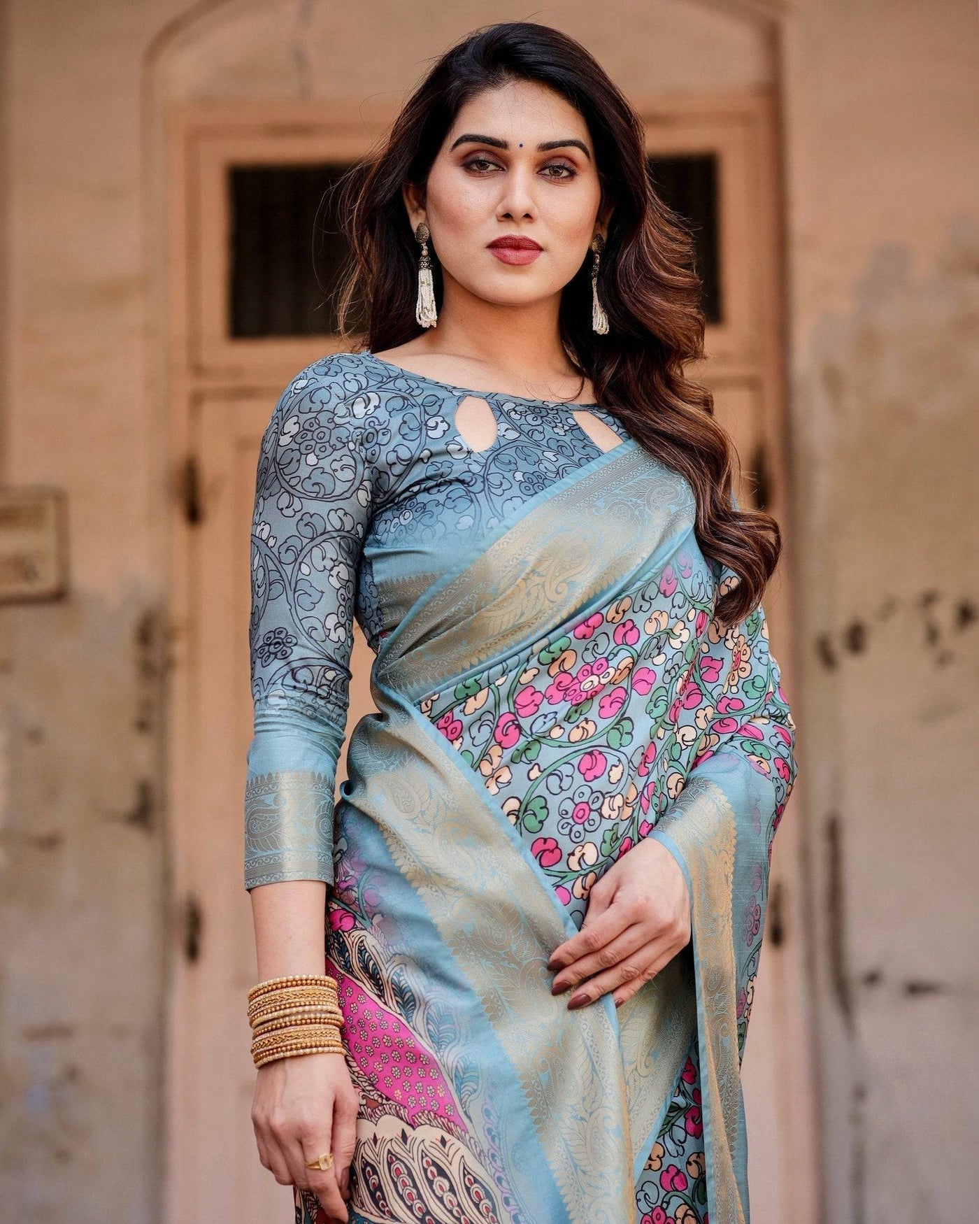 Pure Silk Digitally Printed Saree Weaved With Golden Zari Comes With Tassels