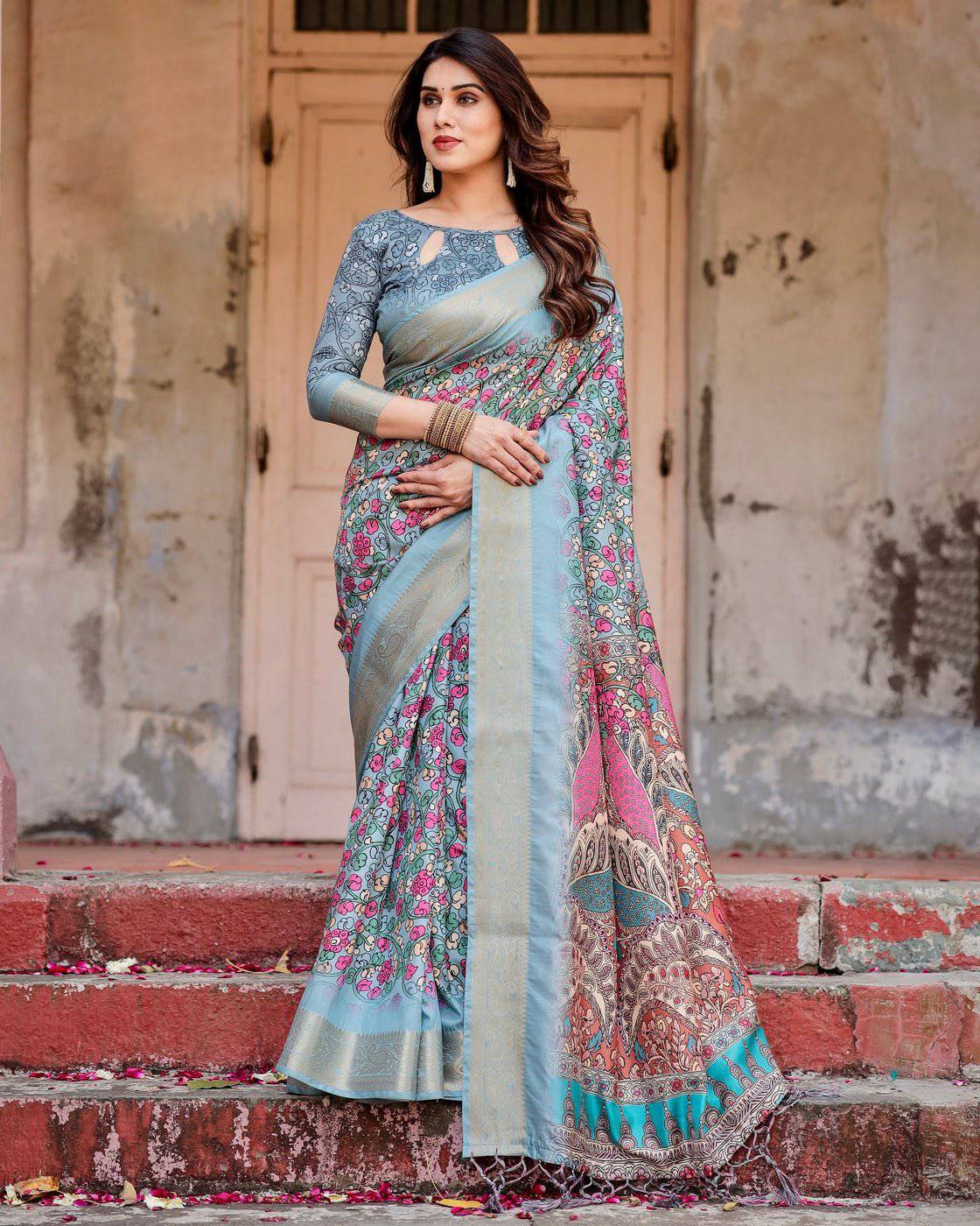 Pure Silk Digitally Printed Saree Weaved With Golden Zari Comes With Tassels