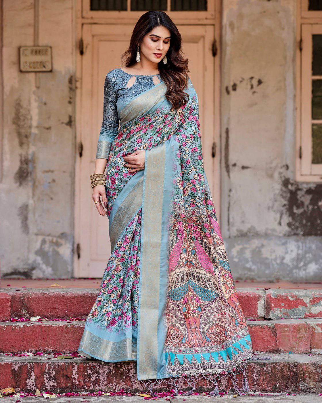 Sky Blue Banarasi Silk Saree with Floral Weaves and Ornamental Pallu Design