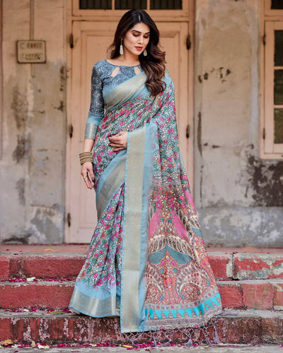 Pure Silk Digitally Printed Saree Weaved With Golden Zari Comes With Tassels