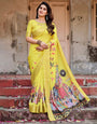 Vibrant Yellow Tussar Silk Saree with Royal Procession Pallu and Zari Accents