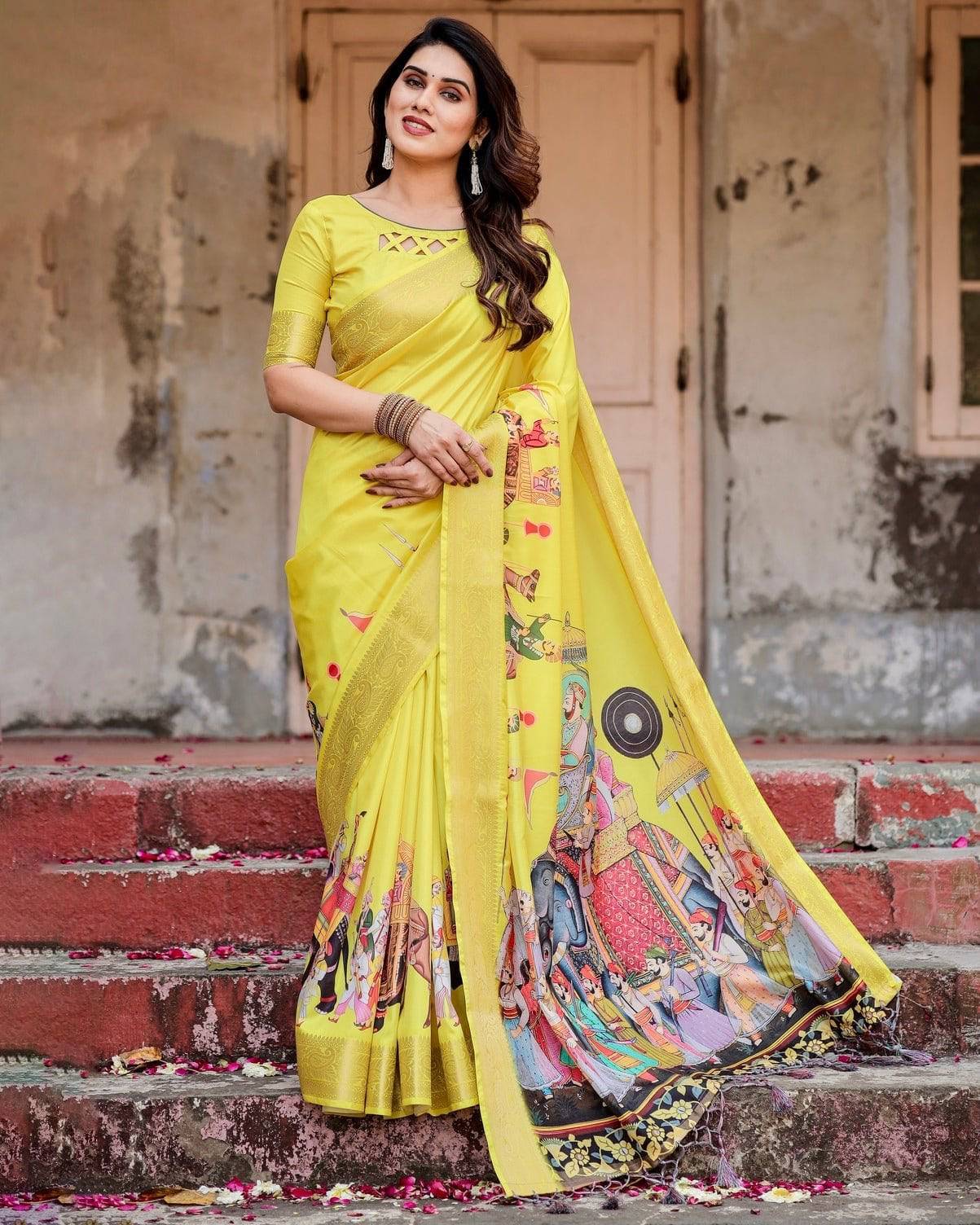 Vibrant Yellow Tussar Silk Saree with Royal Procession Pallu and Zari Accents