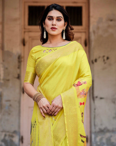 Vibrant Yellow Tussar Silk Saree with Royal Procession Pallu and Zari Accents