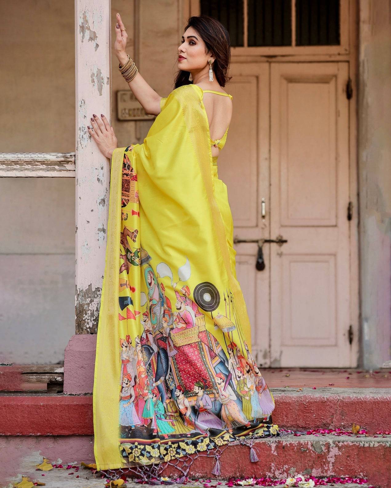 Vibrant Yellow Tussar Silk Saree with Royal Procession Pallu and Zari Accents