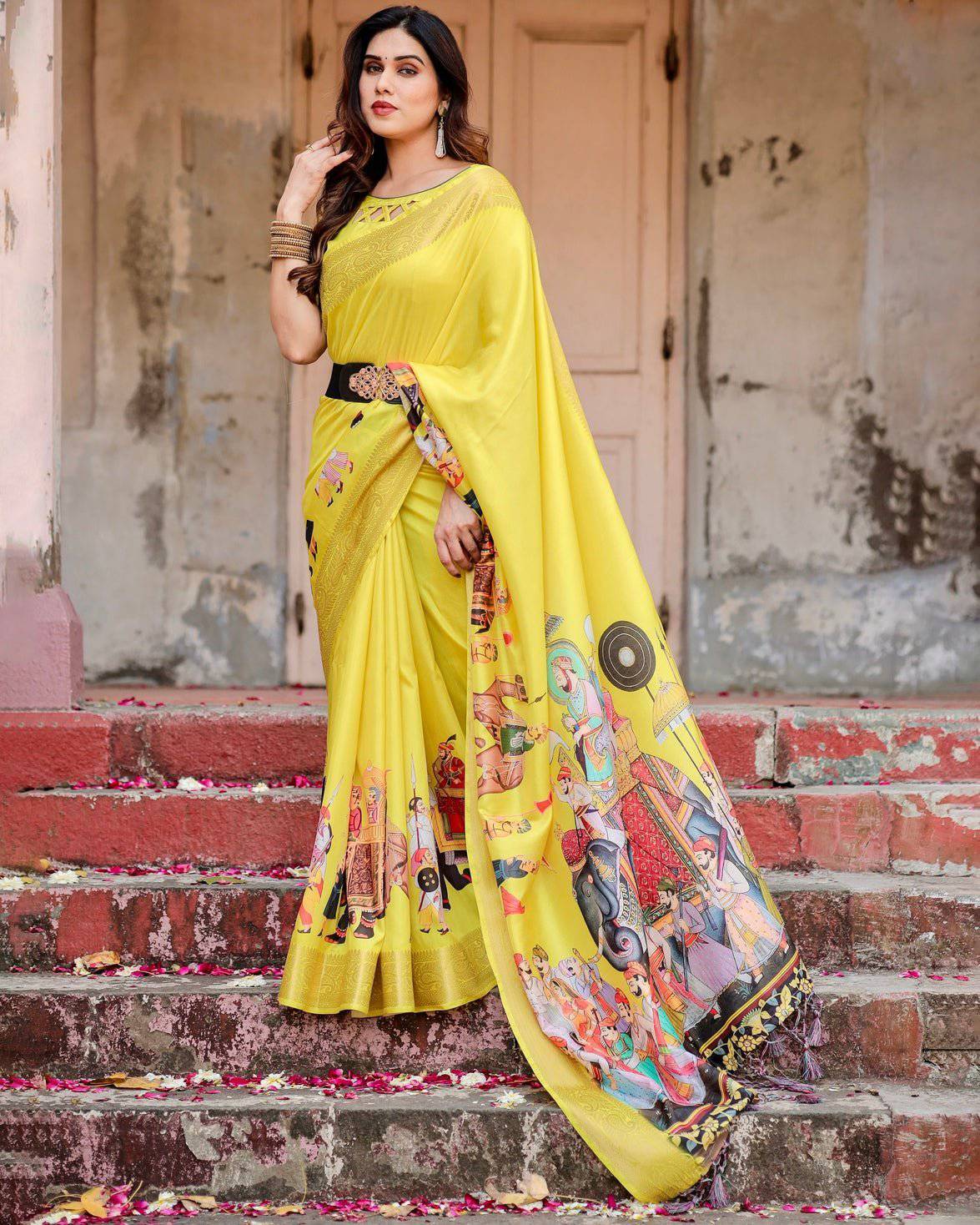 Vibrant Yellow Tussar Silk Saree with Royal Procession Pallu and Zari Accents