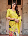 Vibrant Yellow Tussar Silk Saree with Royal Procession Pallu and Zari Accents