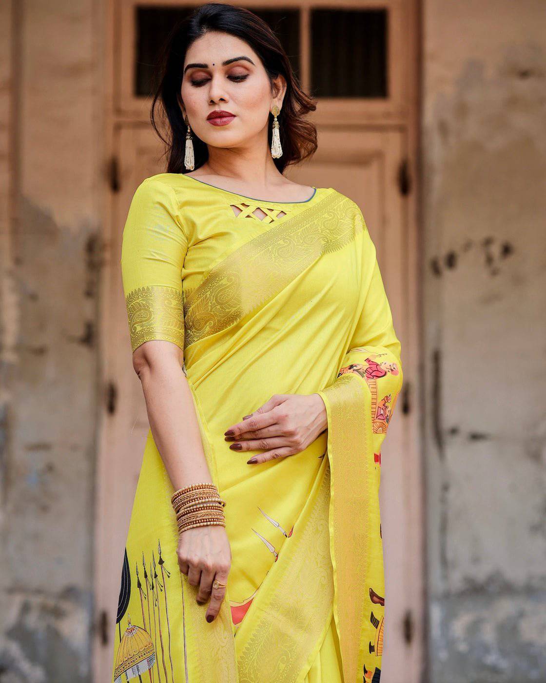 Pure Silk Digitally Printed Saree Weaved With Golden Zari Comes With Tassels