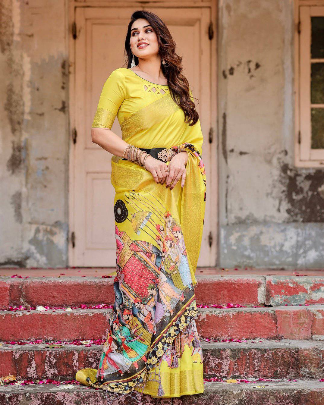 Vibrant Yellow Tussar Silk Saree with Royal Procession Pallu and Zari Accents