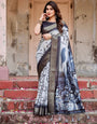 Monochrome Abstract Banarasi Silk Saree with Charcoal Gray Zari Border