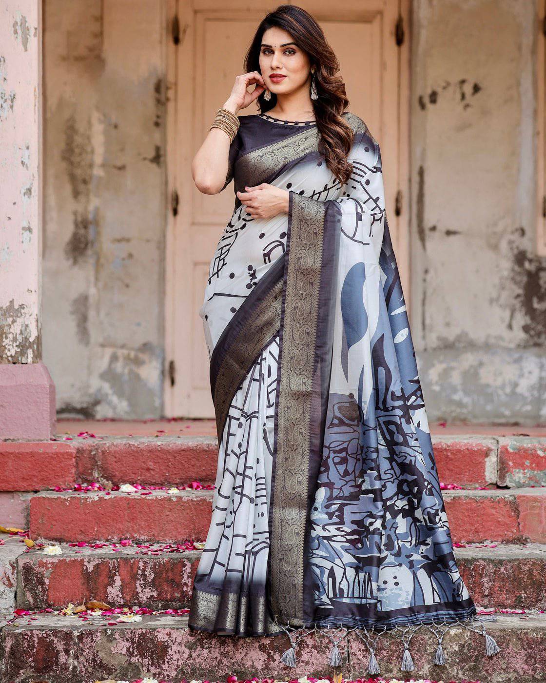 Monochrome Abstract Tussar Silk Saree with Charcoal Gray Zari Border