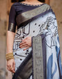 Monochrome Abstract Tussar Silk Saree with Charcoal Gray Zari Border